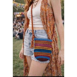 Handmade Guatemala Crochet Crossbody Boho Festival Bag Cotton Colorful Ethnic